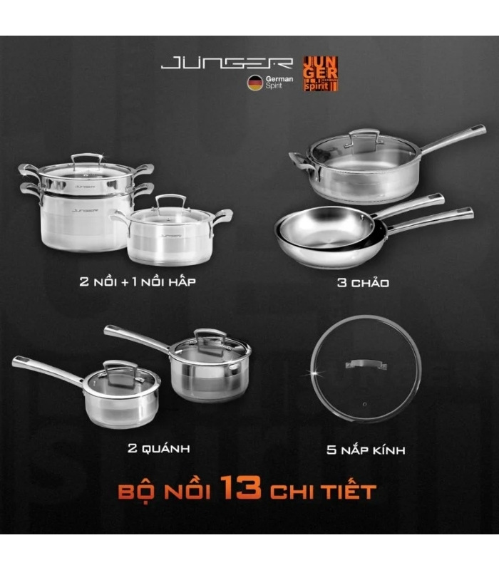 Bộ nồi Inox Junger JC-100 cao cấp 13 chi tiết