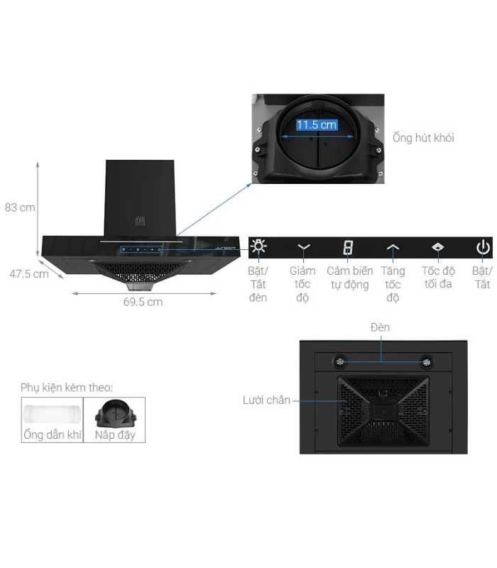Máy hút mùi âm tủ Junger HRJ-701 Black