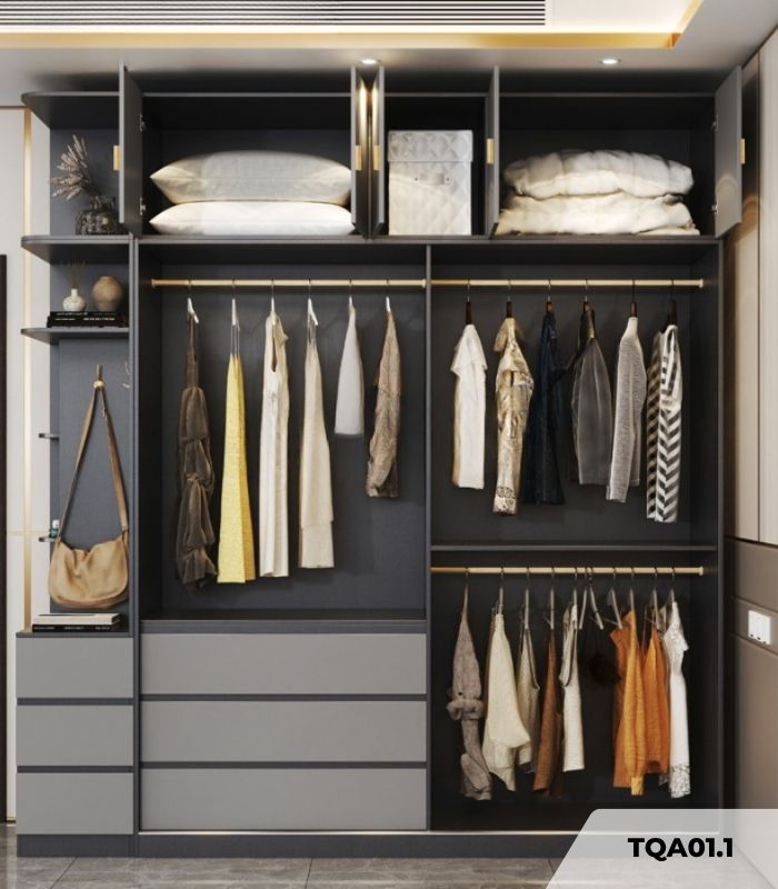 Tủ quần áo Cánh Lùa Gỗ kết hợp Khung nhôm Kính sọc trong 180x240 TQA01.1 - Graphite