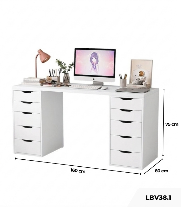 Bàn làm việc IKEA 2 Tủ LBV38.1 160x60 - Trắng