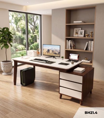 Bàn học BH21.4 100-128x50 - Vân gỗ đậm kết hợp Trắng Ghi