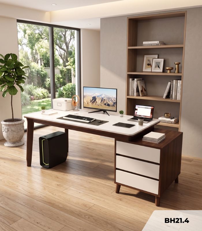 Bàn học BH21.4 100-128x50 - Vân gỗ đậm kết hợp Trắng Ghi
