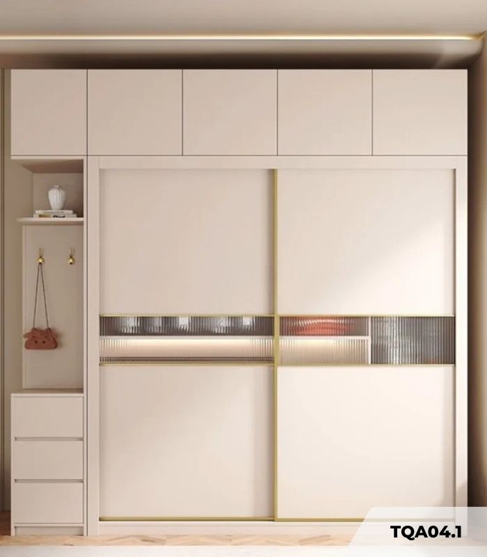 Tủ quần áo Cánh Lùa Gỗ kết hợp Khung nhôm Kính sọc trong 160x200 TQA04.1 - Trắng