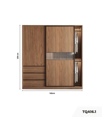 Tủ quần áo Cánh Lùa Gỗ kết hợp Khung nhôm Kính sọc trong 160x200 TQA16.1 - Wanut Đậm