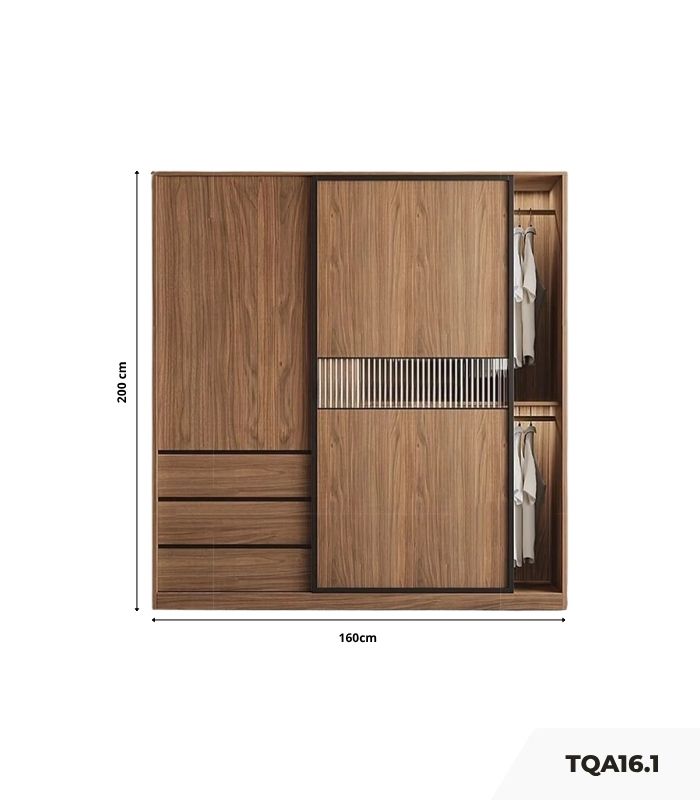 Tủ quần áo Cánh Lùa Gỗ kết hợp Khung nhôm Kính sọc trong 160x200 TQA16.1 - Wanut Đậm
