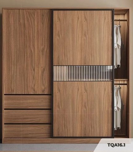 Tủ quần áo Cánh Lùa Gỗ kết hợp Khung nhôm Kính sọc trong 160x200 TQA16.1 - Wanut Đậm
