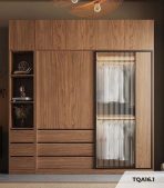 Tủ quần áo Cánh Lùa Gỗ kết hợp Khung nhôm Kính sọc trong 160x200 TQA16.1 - Wanut Đậm