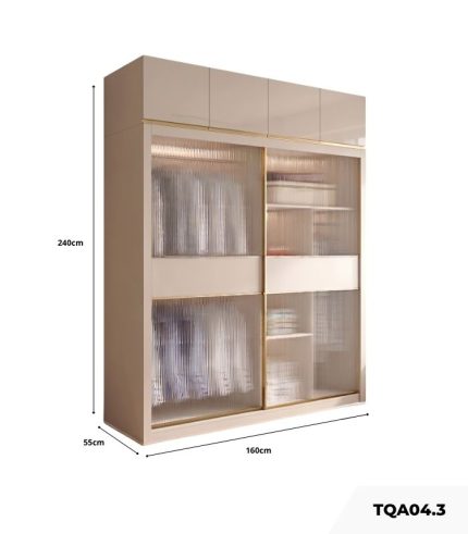 Tủ quần áo Cánh Lùa Gỗ kết hợp Khung nhôm Kính sọc trong 160x240 TQA04.3 - Trắng