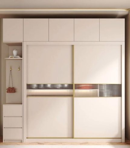 Tủ quần áo Cánh Lùa Gỗ kết hợp Khung nhôm Kính sọc trong 160x240 TQA04.3 - Trắng