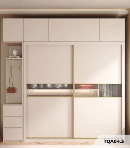 Tủ quần áo Cánh Lùa Gỗ kết hợp Khung nhôm Kính sọc trong 160x240 TQA04.3 - Trắng
