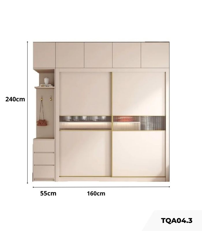 Tủ quần áo Cánh Lùa Gỗ kết hợp Khung nhôm Kính sọc trong 160x240 TQA04.3 - Trắng
