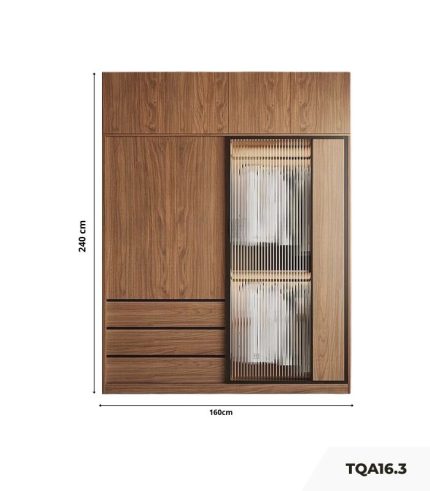 Tủ quần áo Cánh Lùa Gỗ kết hợp Khung nhôm Kính sọc trong 180x200 TQA16.2 - Wanut Đậm