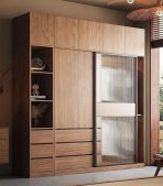 Tủ quần áo Cánh Lùa Gỗ kết hợp Khung nhôm Kính sọc trong 160x240 TQA16.3 - Wanut Đậm