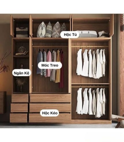 Tủ quần áo Cánh Lùa Gỗ kết hợp Khung nhôm Kính sọc trong 160x240 TQA16.3 - Wanut Đậm