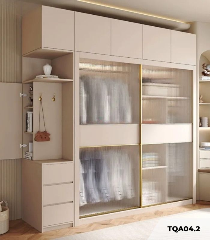 Tủ quần áo Cánh Lùa Gỗ kết hợp Khung nhôm Kính sọc trong 180x200 TQA04.2 - Trắng