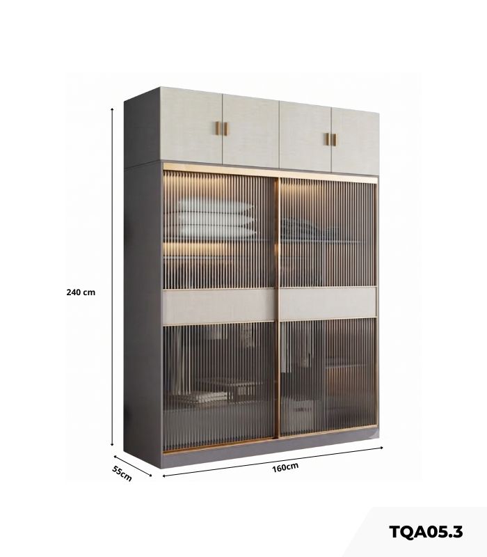 Tủ quần áo Cánh Lùa Gỗ kết hợp Khung nhôm Kính sọc trong 180x240 TQA05.4 - Graphite