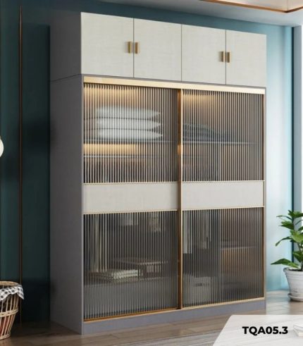 Tủ quần áo Cánh Lùa Gỗ kết hợp Khung nhôm Kính sọc trong 160x240 TQA05.3 - Graphite