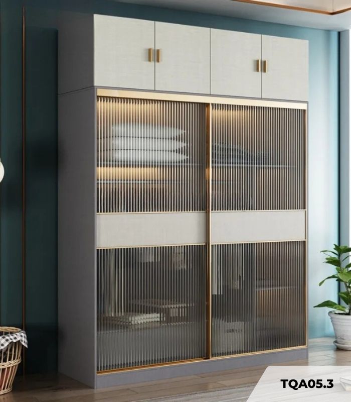 Tủ quần áo Cánh Lùa Gỗ kết hợp Khung nhôm Kính sọc trong 160x240 TQA05.3 - Graphite