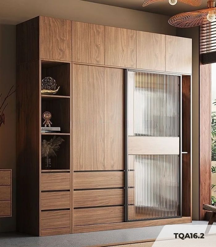 Tủ quần áo Cánh Lùa Gỗ kết hợp Khung nhôm Kính sọc trong 180x200 TQA16.2 - Wanut Đậm