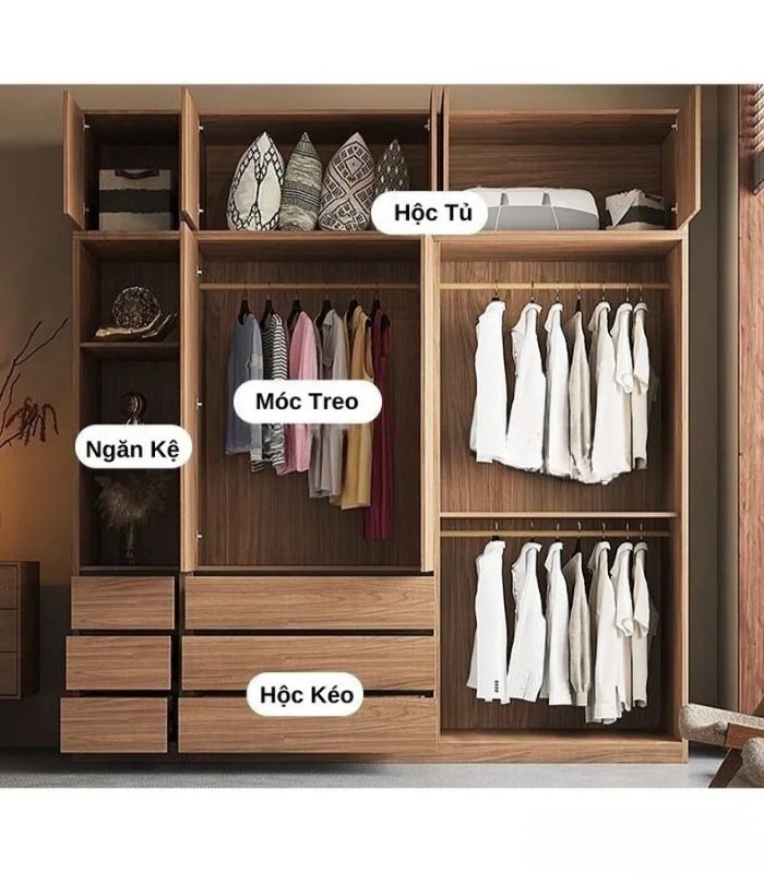 Tủ quần áo Cánh Lùa Gỗ kết hợp Khung nhôm Kính sọc trong 180x200 TQA16.2 - Wanut Đậm