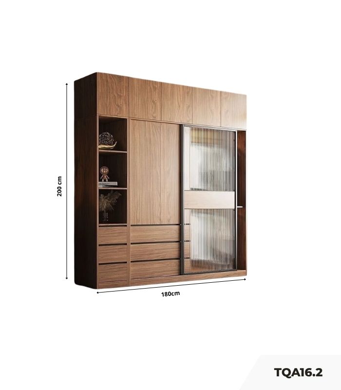 Tủ quần áo Cánh Lùa Gỗ kết hợp Khung nhôm Kính sọc trong 180x200 TQA16.2 - Wanut Đậm
