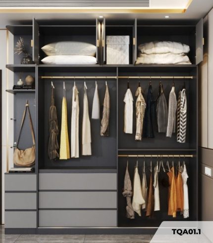 Tủ quần áo Cánh Mở Gỗ kết hợp Khung nhôm Kính sọc trong 240x240 TQA10.1 - Trắng