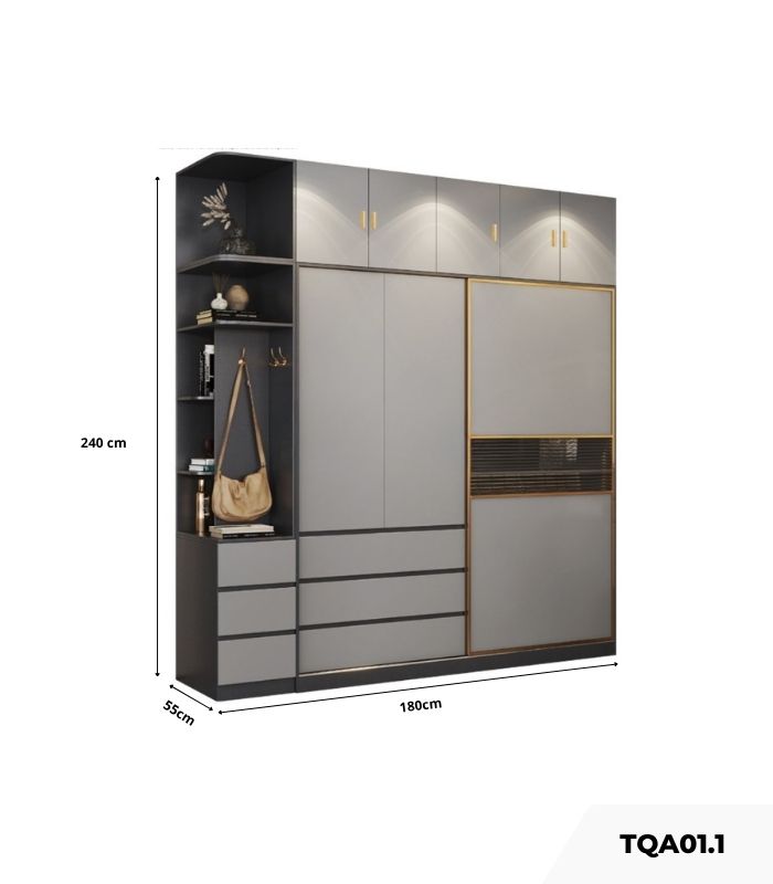 Tu-quan-ao-Canh-Lua-Go-ket-hop-Khung-nhom-Kinh-soc-trong-180x240-TQA01.1-Graphite Tủ quần áo Cánh Mở Gỗ kết hợp Khung nhôm Kính sọc trong 240x240 TQA10.1 - Trắng