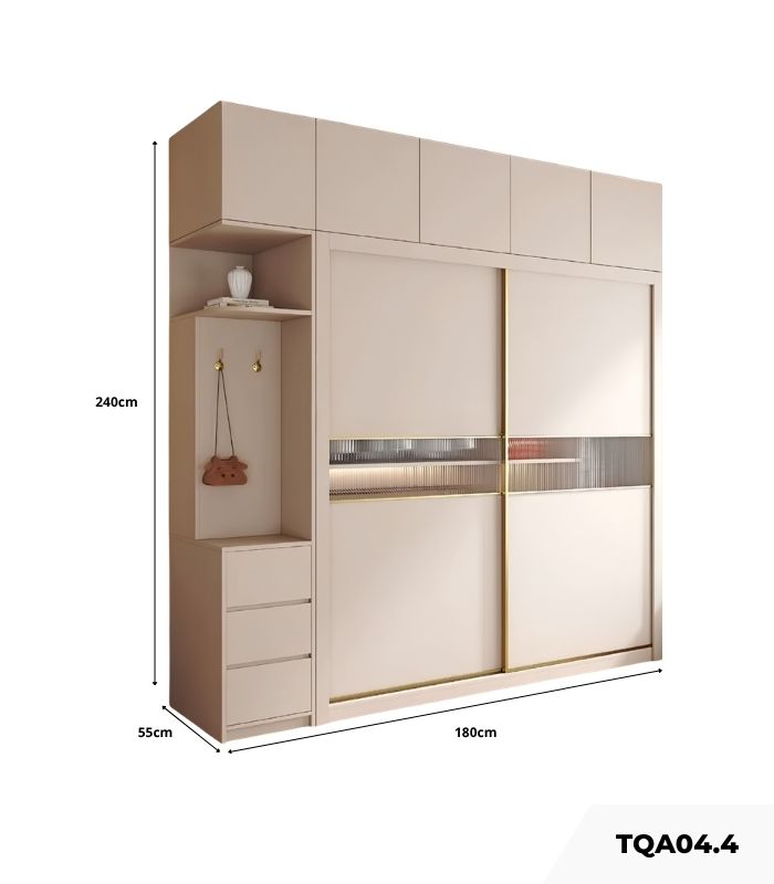 Tủ quần áo Cánh Lùa Gỗ kết hợp Khung nhôm Kính sọc trong 180x240 TQA04.4 - Trắng
