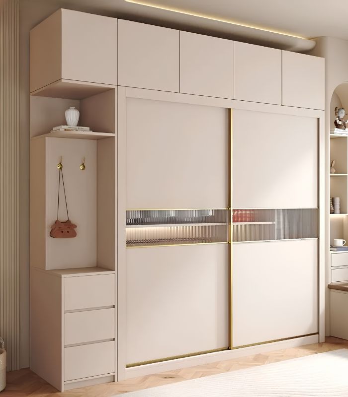 Tủ quần áo Cánh Lùa Gỗ kết hợp Khung nhôm Kính sọc trong 180x240 TQA04.4 - Trắng