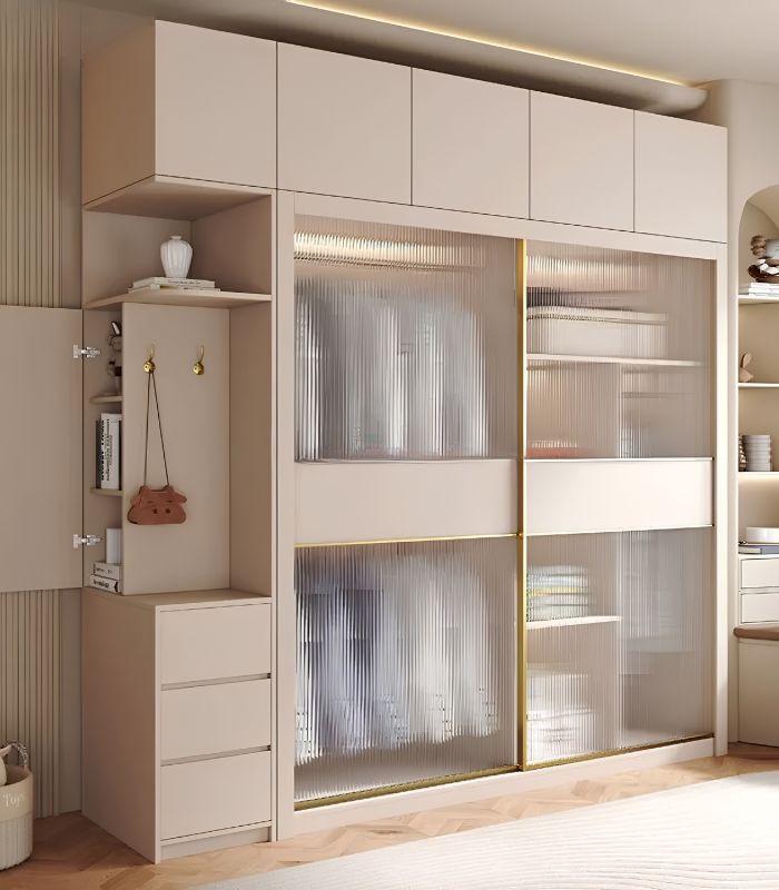Tủ quần áo Cánh Lùa Gỗ kết hợp Khung nhôm Kính sọc trong 180x240 TQA04.4 - Trắng