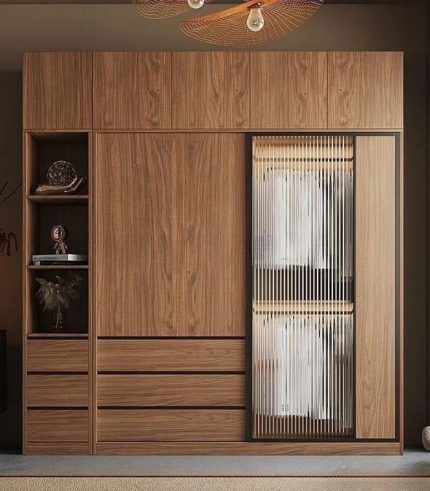 Tủ quần áo Cánh Lùa Gỗ kết hợp Khung nhôm Kính sọc trong 180x240 TQA16.4 - Wanut Đậm