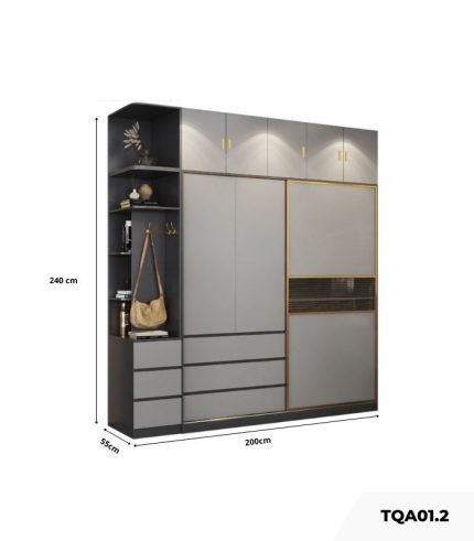 Tủ quần áo Cánh Lùa Gỗ kết hợp Khung nhôm Kính sọc trong 200x240 TQA01.2 - Graphite