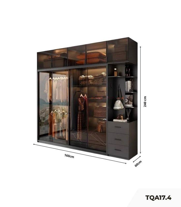 Tủ quần áo Cánh Lùa Khung nhôm Kính màu 160x240 TQA17.4 - Graphite