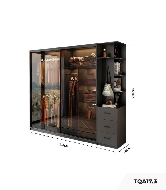 Tủ quần áo Cánh Lùa Khung nhôm Kính màu 200x200 TQA17.3 - Graphite