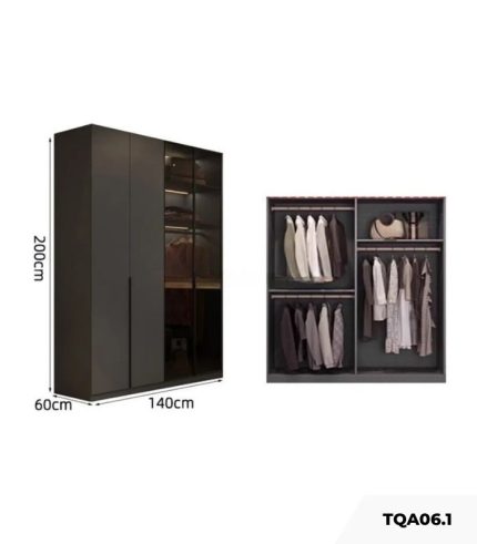 Tủ quần áo Cánh Mở Gỗ kết hợp Khung nhôm Kính màu 140x200 TQA06.1 - Graphite