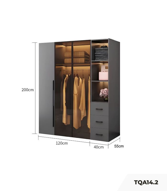 Tủ quần áo Cánh Mở Gỗ kết hợp Khung nhôm Kính màu 160x200 TQA14.2 - Graphite