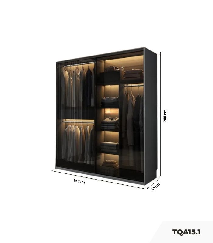 Tủ quần áo Cánh Mở Gỗ kết hợp Khung nhôm Kính màu 160x200 TQA15.1 - Graphite