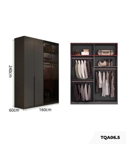 Tủ quần áo Cánh Mở Gỗ kết hợp Khung nhôm Kính màu 160x240 TQA06.5 - Graphite