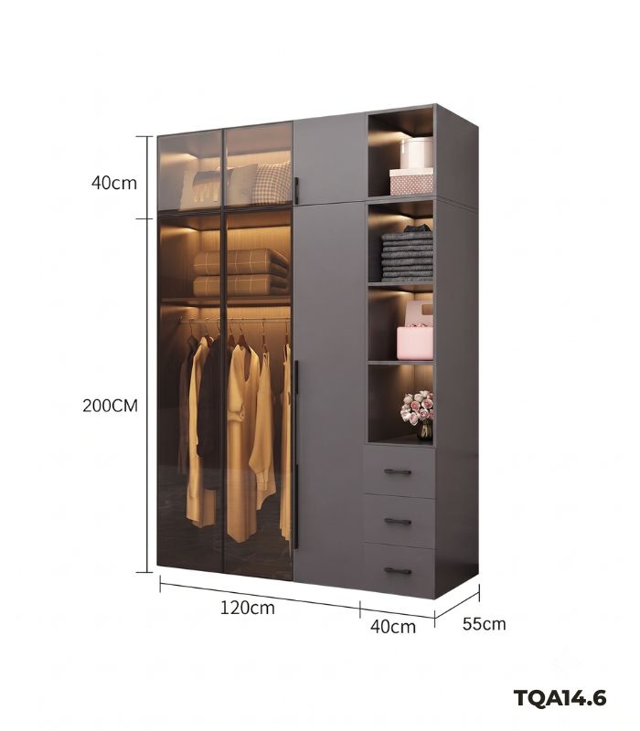 Tủ quần áo Cánh Mở Gỗ kết hợp Khung nhôm Kính màu 160x240 TQA14.6 - Graphite
