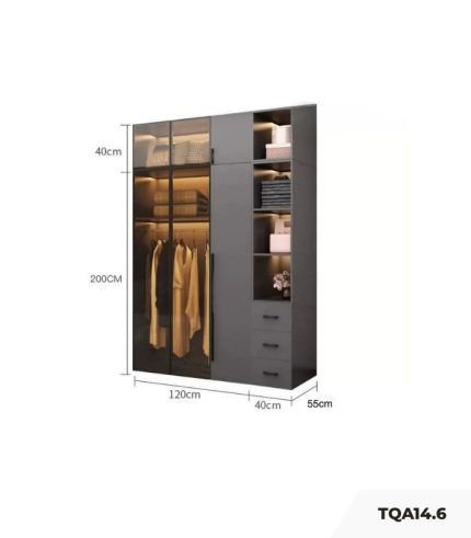 Tủ quần áo Cánh Mở Gỗ kết hợp Khung nhôm Kính màu 160x240 TQA14.6 - Graphite