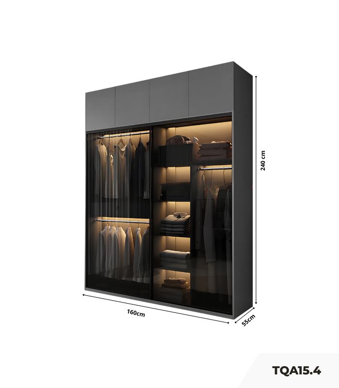 Tủ quần áo Cánh Mở Gỗ kết hợp Khung nhôm Kính màu 160x240 TQA15.4 - Graphite