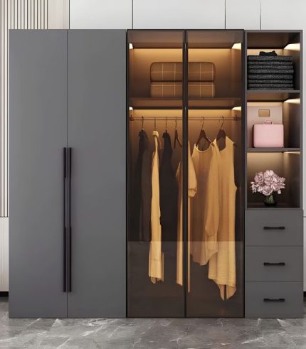 Tủ quần áo Cánh Mở Gỗ kết hợp Khung nhôm Kính màu 180x200 TQA14.3 - Graphite