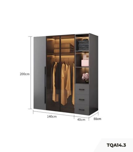 Tủ quần áo Cánh Mở Gỗ kết hợp Khung nhôm Kính màu 180x200 TQA14.3 - Graphite