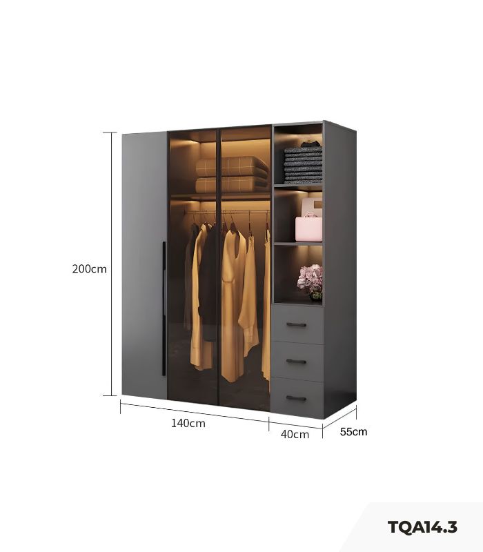 Tủ quần áo Cánh Mở Gỗ kết hợp Khung nhôm Kính màu 180x200 TQA14.3 - Graphite