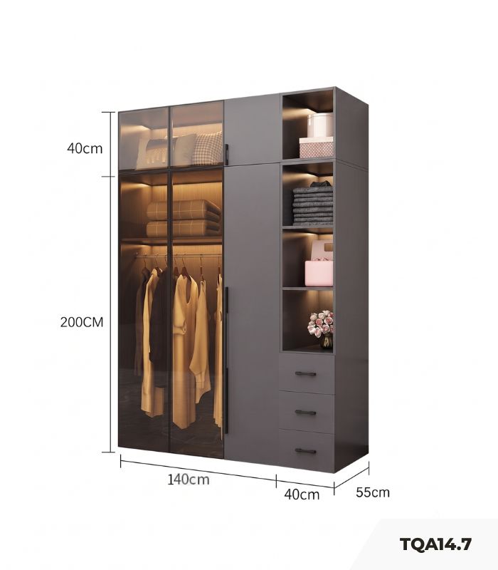 Tủ quần áo Cánh Mở Gỗ kết hợp Khung nhôm Kính màu 180x240 TQA14.7 - Graphite