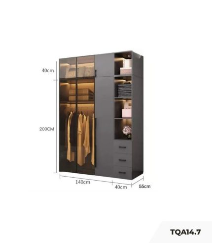 Tủ quần áo Cánh Mở Gỗ kết hợp Khung nhôm Kính màu 180x240 TQA14.7 - Graphite
