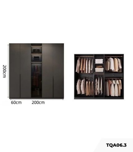 Tủ quần áo Cánh Mở Gỗ kết hợp Khung nhôm Kính màu 200x200 TQA06.3 - Graphite