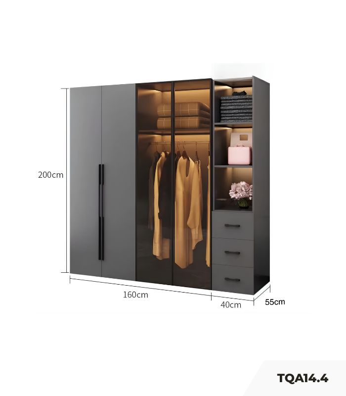 Tủ quần áo Cánh Mở Gỗ kết hợp Khung nhôm Kính màu 200x200 TQA14.4 - Graphite