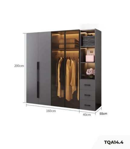 Tủ quần áo Cánh Mở Gỗ kết hợp Khung nhôm Kính màu 200x200 TQA14.4 - Graphite