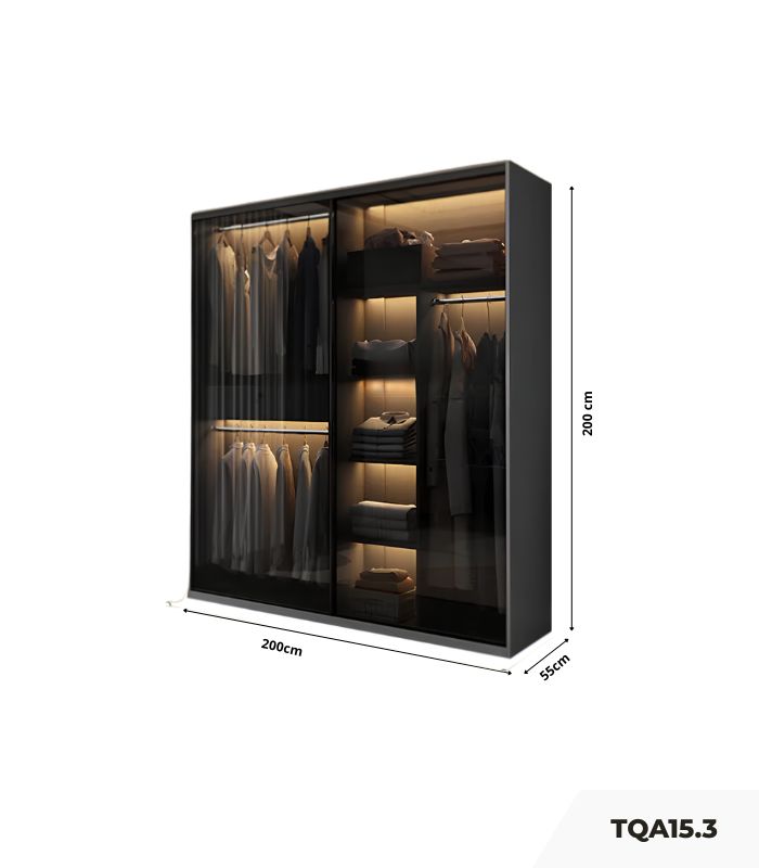 Tủ quần áo Cánh Mở Gỗ kết hợp Khung nhôm Kính màu 200x200 TQA15.3 - Graphite